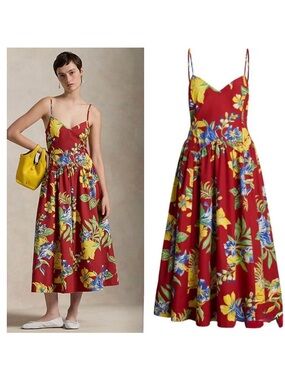 Polo Ralph Lauren Tropical-Floral Cotton Poplin Spaghetti-Strap Midi Dress sz 6